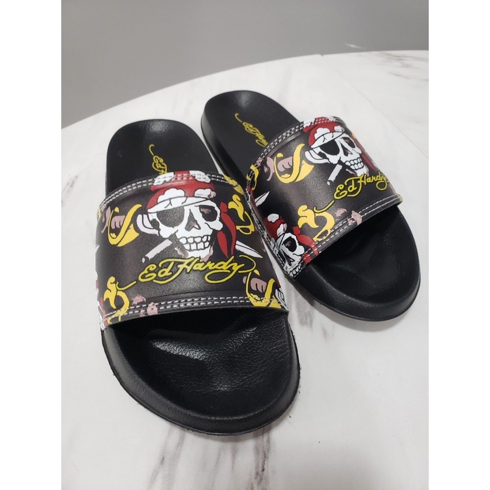 NEW SIZE 12 Ed Hardy Youth Kids Slides flip-Flops Black Pirate Slip On‎ sandals